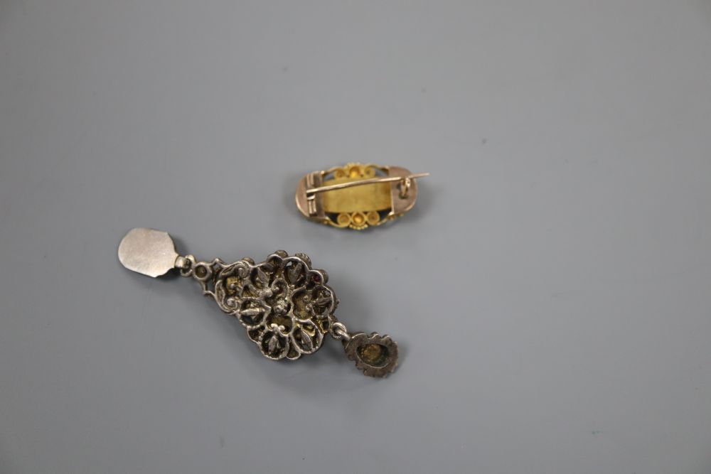 A 19th century continental white metal, garnet, pearl and pink paste set drop pendant(a.f.) & 1 other brooch.